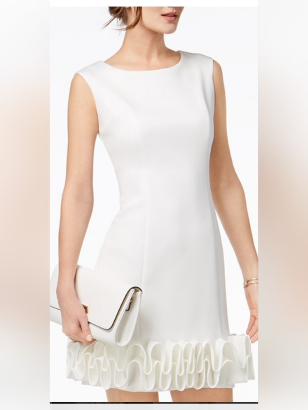 Donna Ricco White Sleeveless Mini Dress with Ruffle Hem Detail